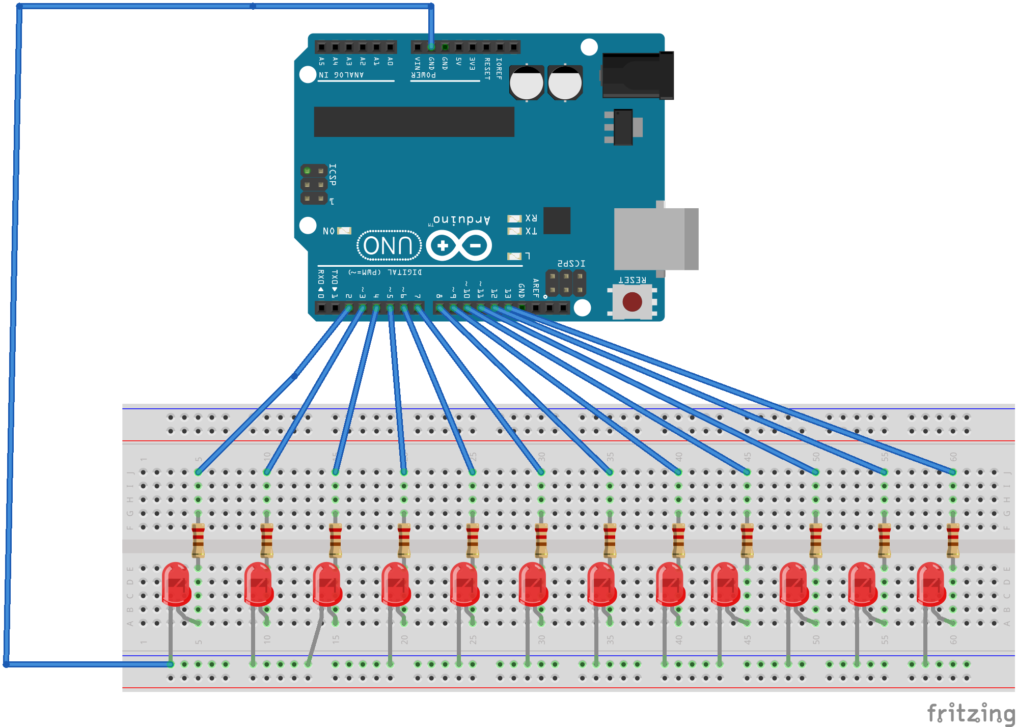कई Arduino Pins का उपयोग करके कई LEDs कनेक्ट करना - ब्रेडबोर्ड डायग्राम
