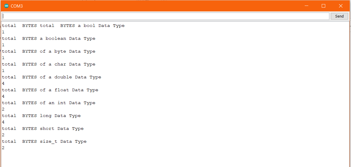 La salida de obtener el tamaño en bytes de diferentes tipos de datos en Arduino